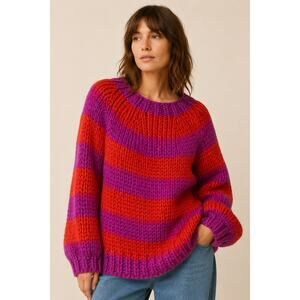FRNCH Paris Chunky Knit Striped Sweater Large Pink Purple Oversized